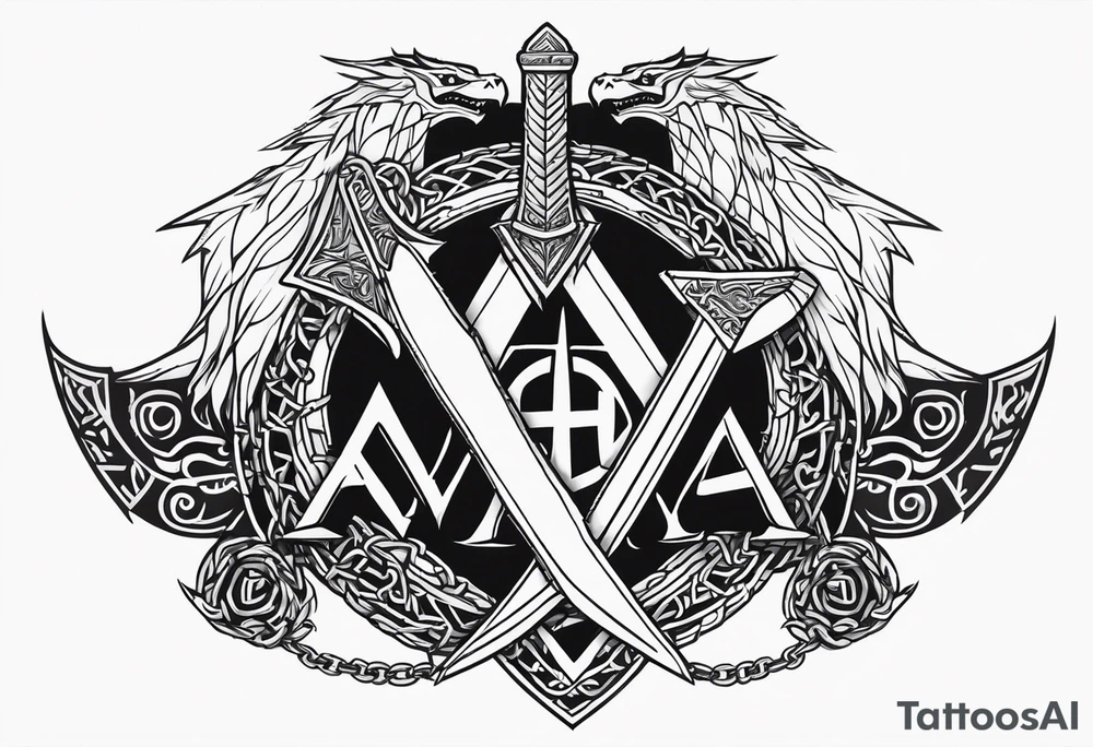 Valhalla sword shield dragon axe Valknut barbed wire chains tattoo idea