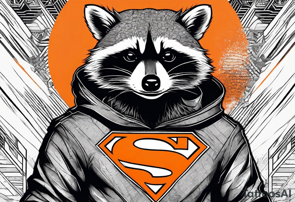 Raccoon wearing an orange Superman hoodie tattoo idea