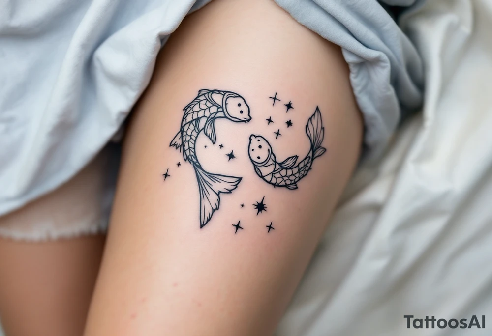 A black-ink Pisces glyph anchors this design, with the Pisces star constellation fading into a soft sky-blue mist. tattoo idea