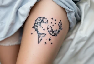 A black-ink Pisces glyph anchors this design, with the Pisces star constellation fading into a soft sky-blue mist. tattoo idea