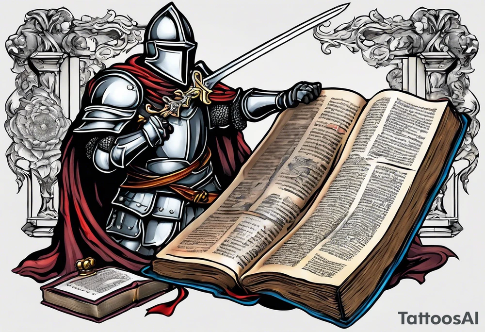 a knight pulling a sword out of an open bible tattoo idea