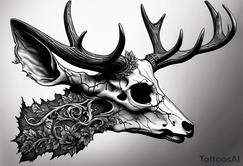 A side view of a decayed deer skull with no skin JUST BONE FOREST FIRE tattoo idea