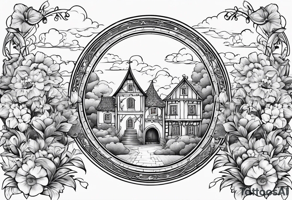 sky medieval town garden small houses gate entrance
in circle vignette surrounded by clouds flowers tattoo idea