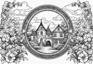 sky medieval town garden small houses gate entrance 
 in circle vignette surrounded by clouds flowers tattoo idea