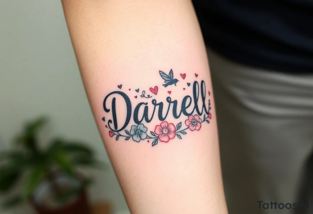 "Darrell" in 1 in cute font, inner forarm starting near elbow and going toward wrist, whimsical, bright colors, surrounded with hearts, flowers and fairies tattoo idea
