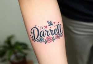 "Darrell" in 1 in cute font, inner forarm starting near elbow and going toward wrist, whimsical, bright colors, surrounded with hearts, flowers and fairies tattoo idea