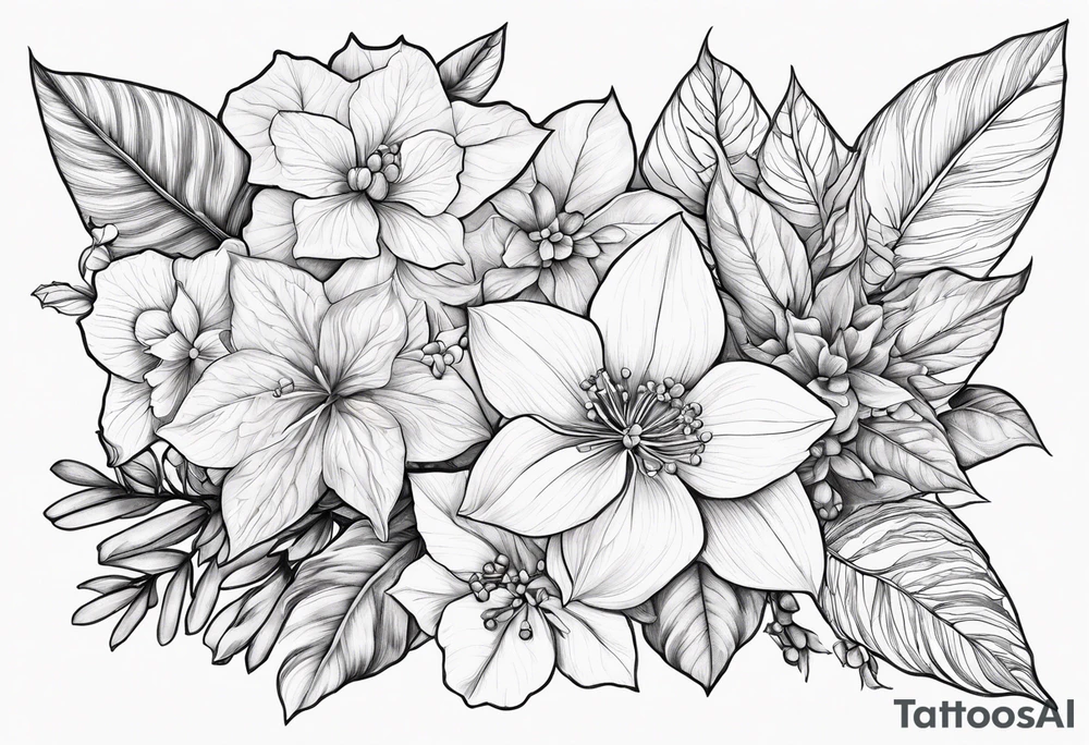 Hydrangea, Narcissus, Poinsettia, Holly, Gladiolus, Poppy, Daisy, Sweet Pea floral tattoo idea