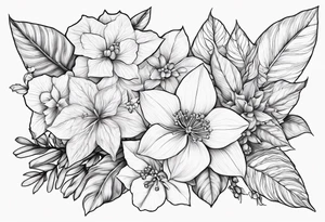 Hydrangea, Narcissus, Poinsettia, Holly, Gladiolus, Poppy, Daisy, Sweet Pea floral tattoo idea