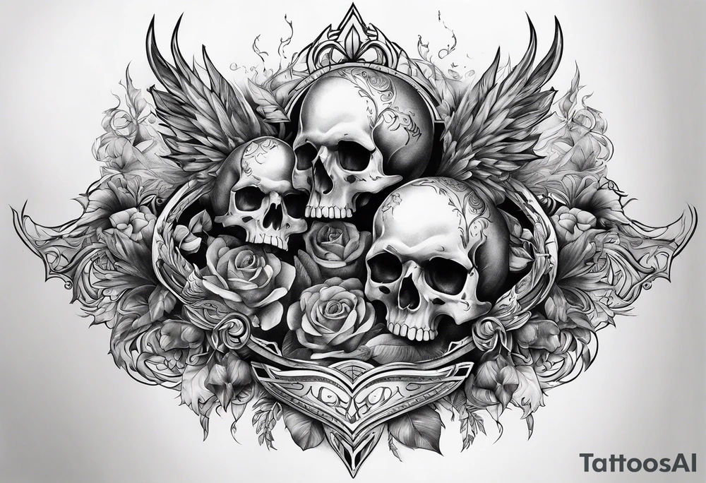 Chest tattoo with skulls and fire tattoo idea