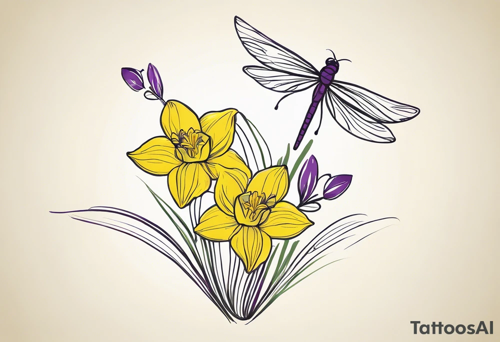 “A minimalist tattoo design: Two daffodil flowers drawn with yellow lines. On top of the flowers, there is a minimalist dragonfly, smaller in size than the flowers, drawn with purple lines. The stems of the daffodils extend downward and are designed to form the word ‘muadil’ in cursive handwriting, so that the stems and the writing appear as a unified whole.” tattoo idea
