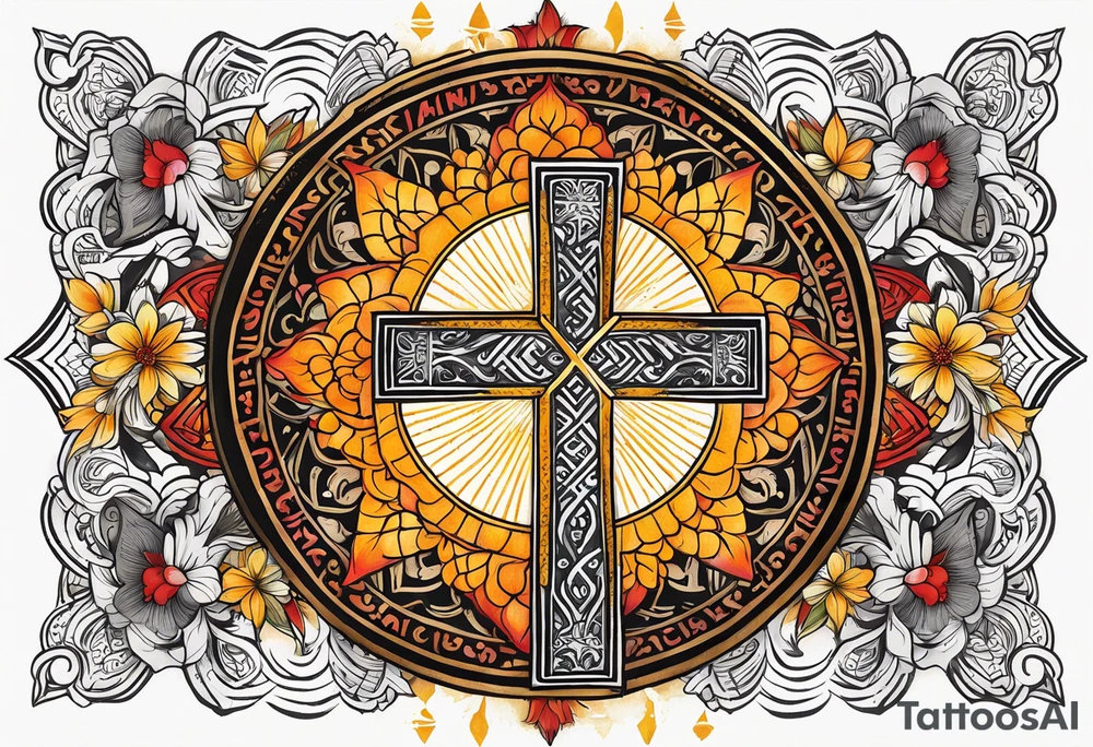 Forearm tattoo cross with rays of sun and
 a Bible verse Jeremiah 29:11 tattoo idea