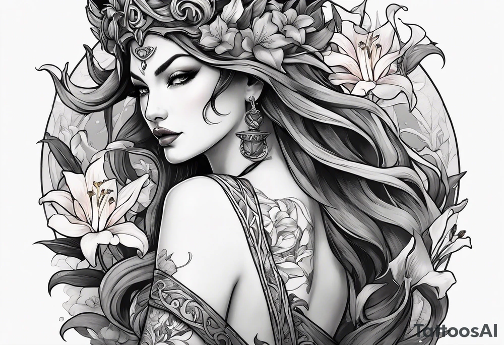 a profile of the demon goddess lilith holding a serpent surrounded by lilies tattoo idea