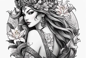 a profile of the demon goddess lilith holding a serpent surrounded by lilies tattoo idea