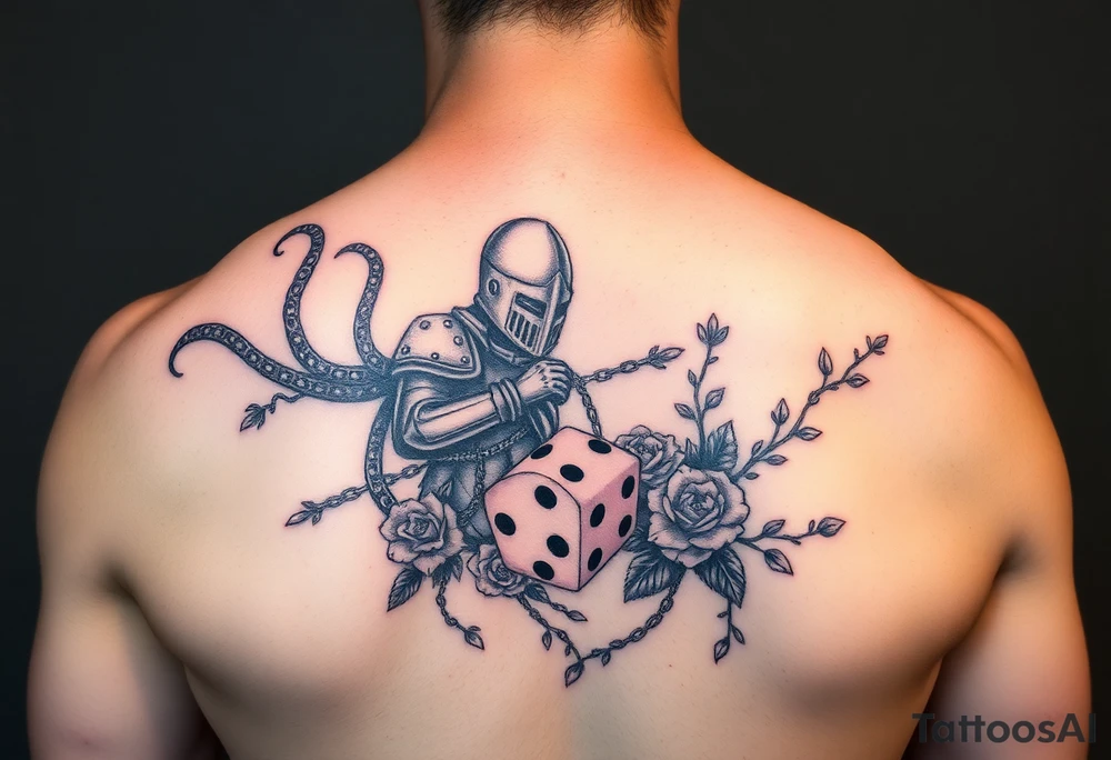 squid and knight combined with chains, tree roots, cherry blossoms and roses rolling dice tattoo idea