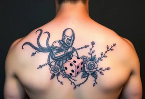 squid and knight combined with chains, tree roots, cherry blossoms and roses rolling dice tattoo idea