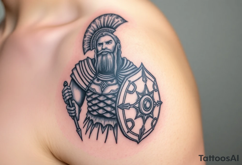 a powerful, epic Achilles in armor with a spear and shield, looking prepared for battle tattoo idea