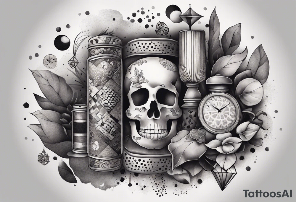 Tattoo sleeve with old school patchwork of random items and smokey in between each item tattoo idea