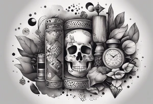 Tattoo sleeve with old school patchwork of random items and smokey in between each item tattoo idea