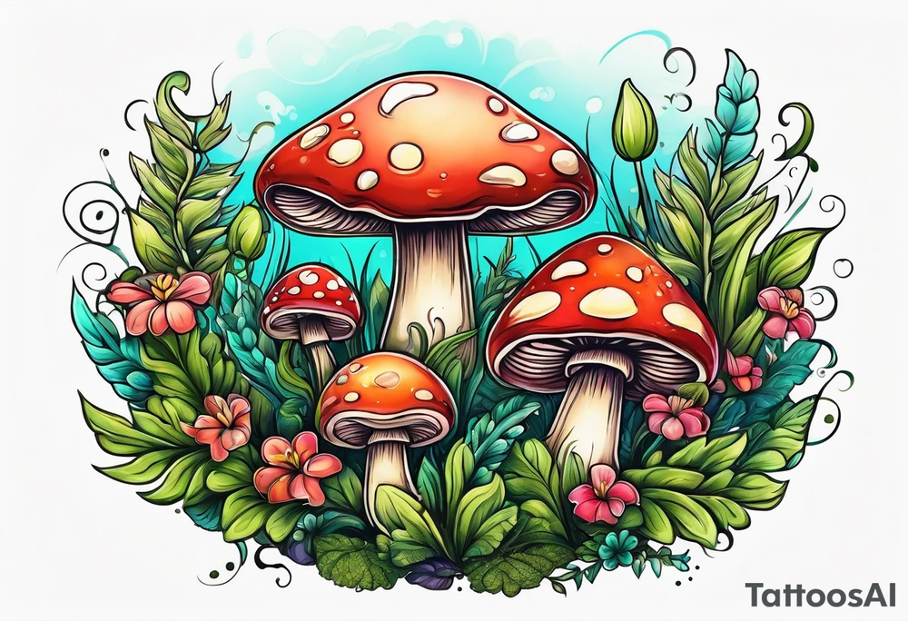 Cheery mushroom surrounded by smaller plants tattoo idea