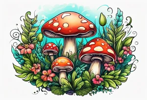 Cheery mushroom surrounded by smaller plants tattoo idea