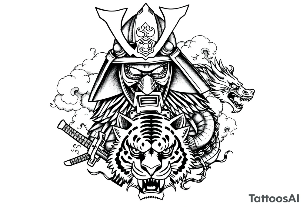 samurai warrior wearing a helmet. Some clouds around, with a tiger’s head beneath, and a samurai sword. This should be a good tattoo for forearm. Add a dragon going around them tattoo idea