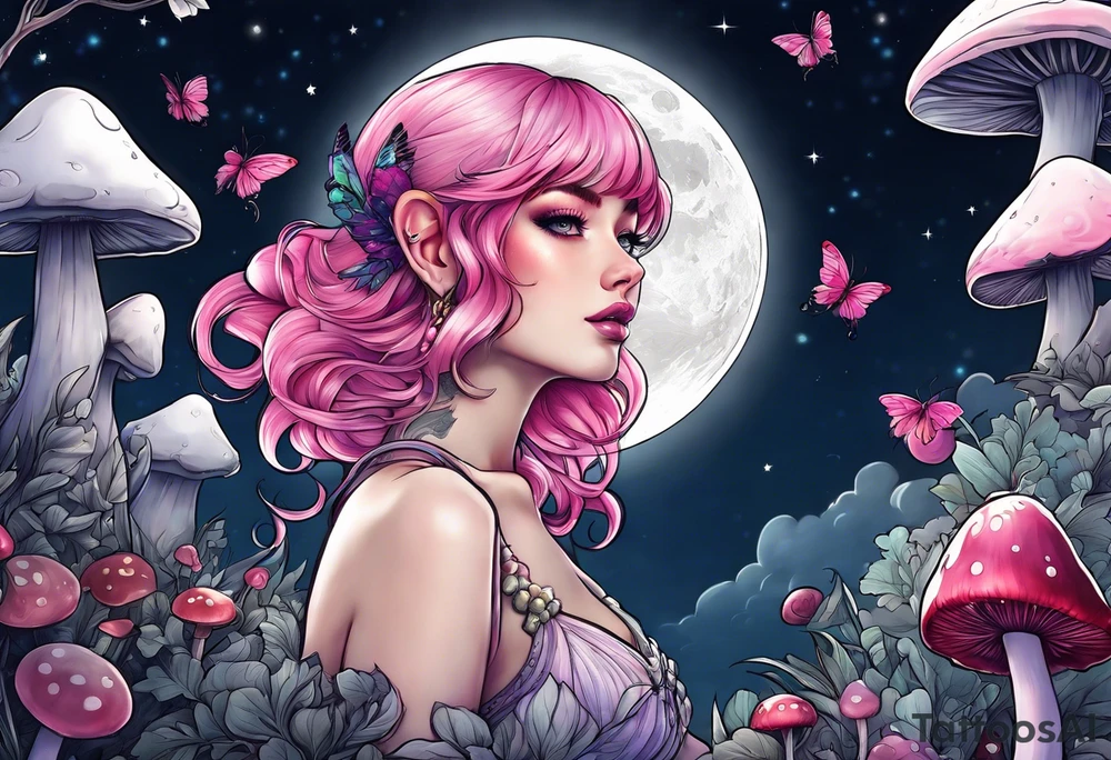 fairy with pink hair, eating a mushroom under the moon tattoo idea
