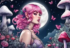 fairy with pink hair, eating a mushroom under the moon tattoo idea
