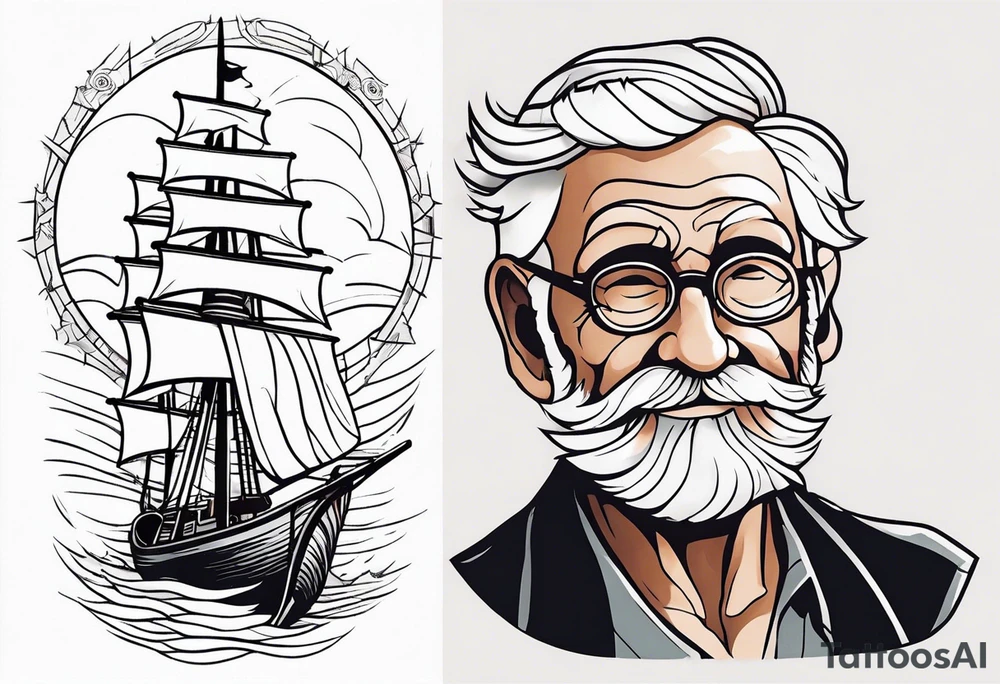 Old man turning ships that looks like a compas rose wheel in a storm tattoo idea