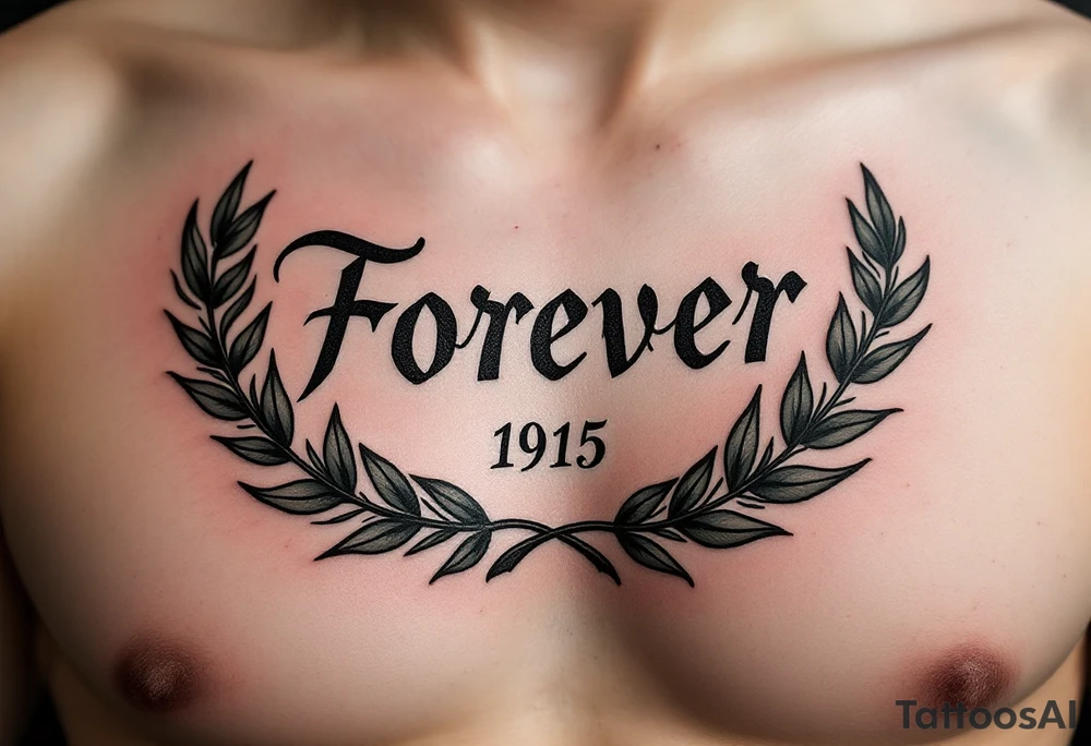 "Forever" in fine serif type, inked in dark green, resting above a laurel wreath. tattoo idea