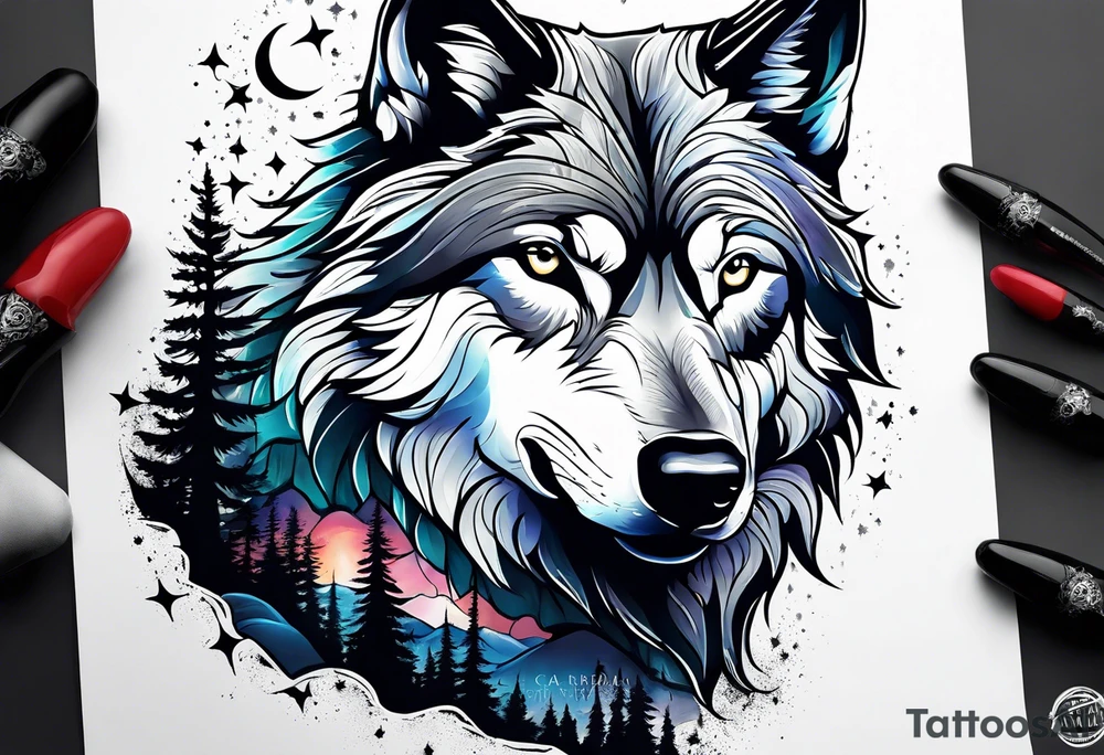 wolf mountain forest tattoo idea