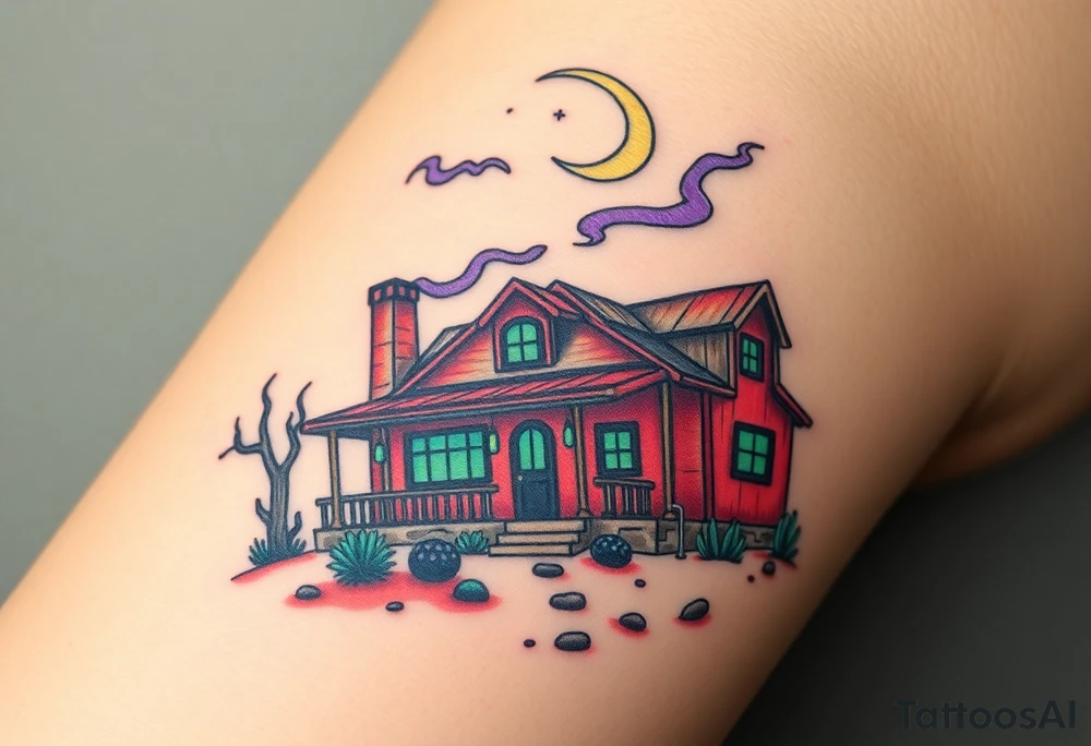 Tim Burton’s haunted desert bungalow is abandoned and dripping with muted reds, dusty pinks, and eerie green glow.purple and cyan smokey clouds swirl in the crescent moonlit sky thats sprinkled with stars tattoo idea tattoo idea