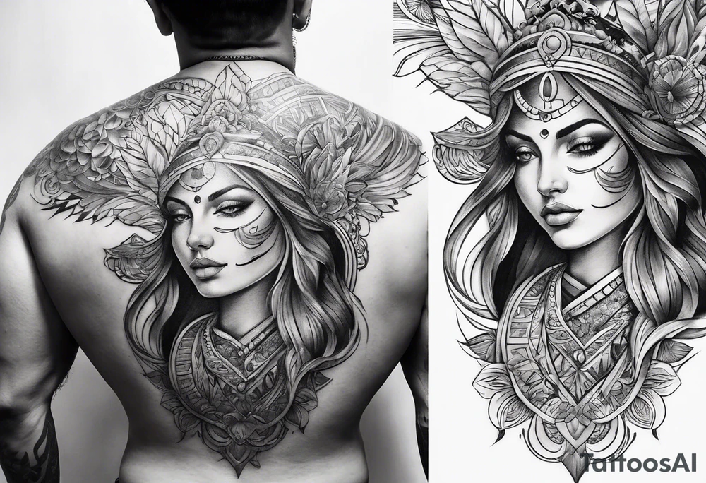 Dark black and white. Religious or cultural.
On the top of one shoulder. tattoo idea