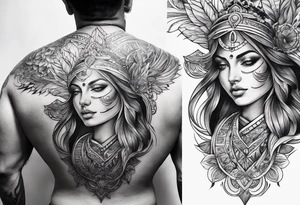 Dark black and white. Religious or cultural. 

On the top of one shoulder. tattoo idea