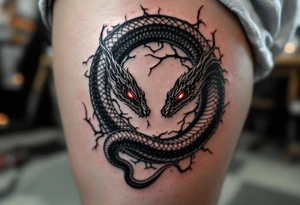 A circle created by a coiled black snake with red eyes, forming an ouroboros. tattoo idea