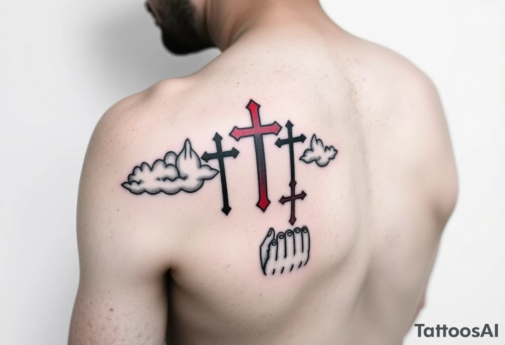 Red and black ink  tattoo on left inner arm with bible verse background clouds and 3 crosses one red in the middle of wrist  under a chosen wrist tattoo before the hand/palm 

On left arm tattoo idea