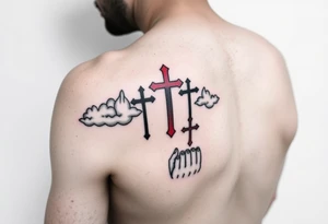 Red and black ink  tattoo on left inner arm with bible verse background clouds and 3 crosses one red in the middle of wrist  under a chosen wrist tattoo before the hand/palm 

On left arm tattoo idea