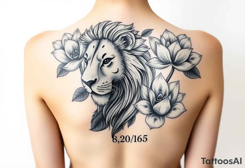 lion face as one of the lotus flowers then the rest blooming lotus flowers in mist with the date 8/20/65 for sleeve tattoo idea