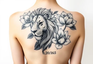 lion face as one of the lotus flowers then the rest blooming lotus flowers in mist with the date 8/20/65 for sleeve tattoo idea