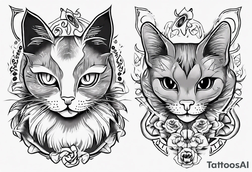 Maine coon cat and a grey cat with extra toes playing together tattoo idea