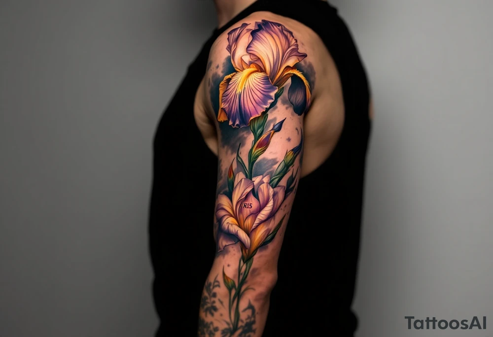 big iris flower with the name “IRIS” written in the stem of the flower tattoo idea