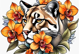 Mother mountain lion with orange orchids tattoo idea