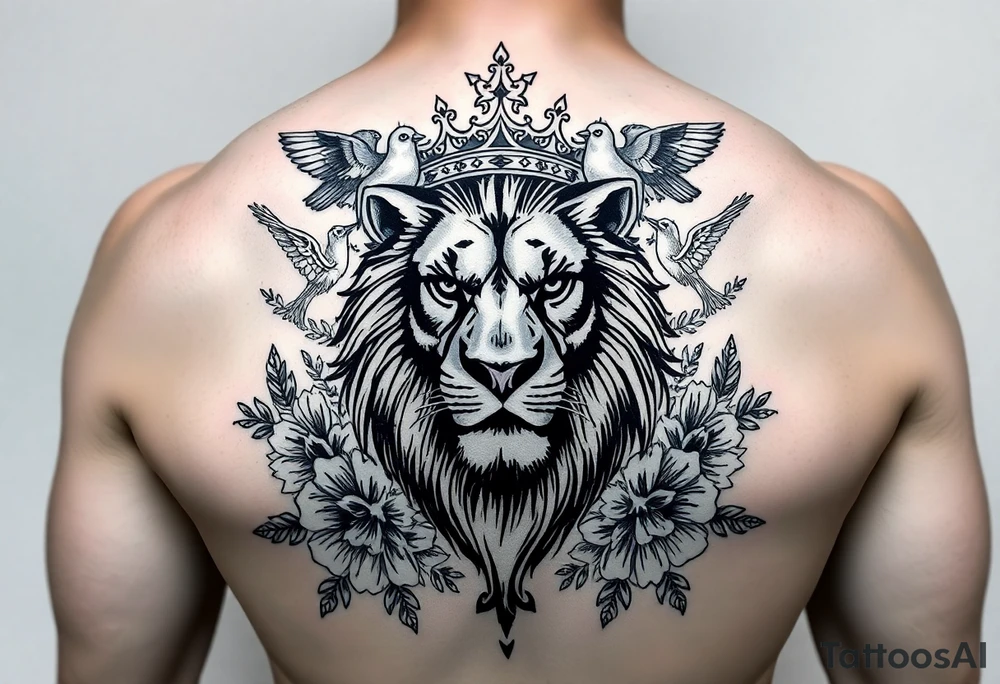 powerful majestic lion with a crown, surrounded by floral ornaments and birds tattoo idea