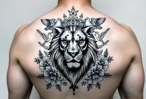 powerful majestic lion with a crown, surrounded by floral ornaments and birds tattoo idea