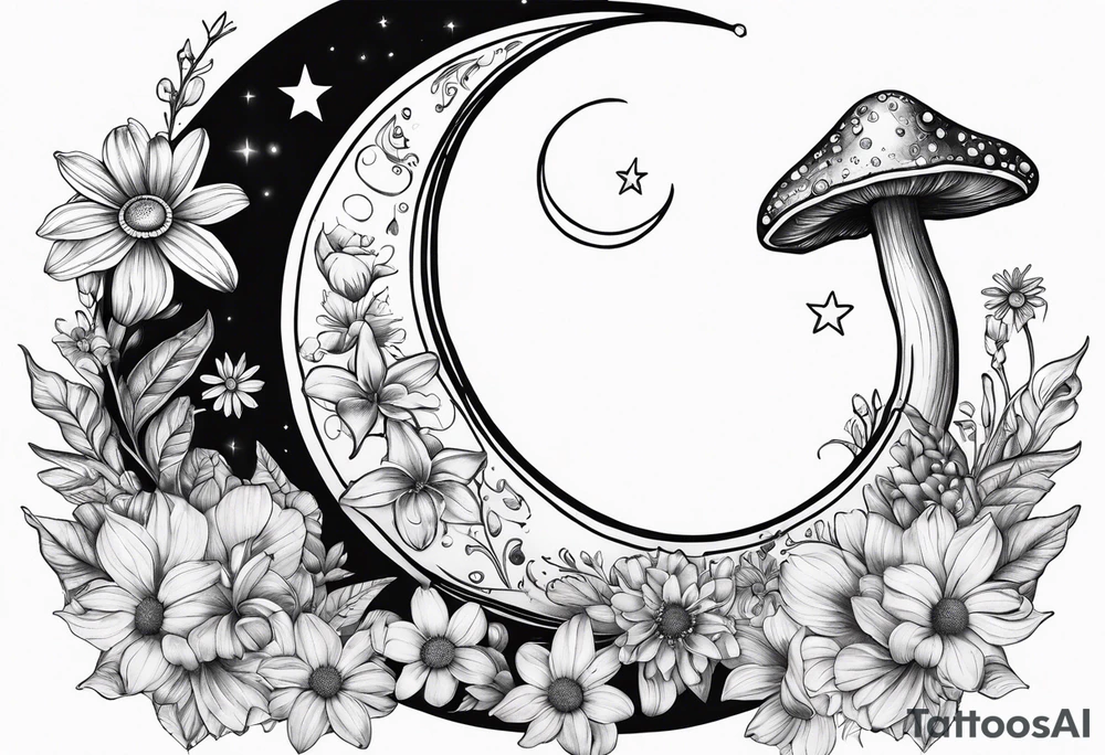 Crescent moon with daisy's, lily’s, crystals, and mushrooms tattoo idea