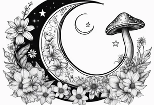 Crescent moon with daisy's, lily’s, crystals, and mushrooms tattoo idea