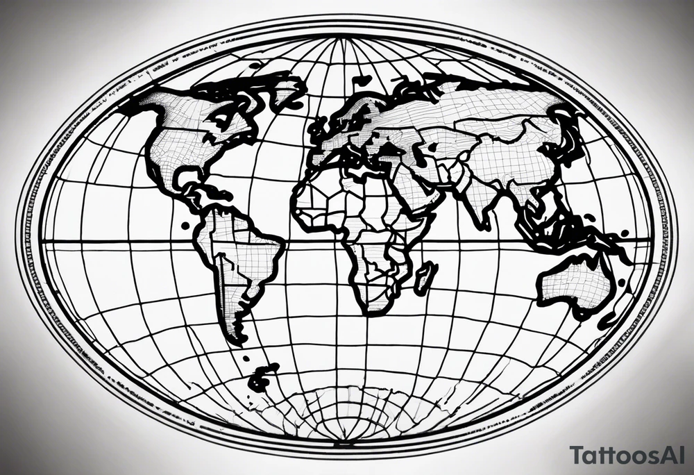 the earth on a flat map with light fading shading placed on a grid with only the lines with accurate depictions of the borders in countries while having it in an oval/circular position on a grid without any borders on the sides tattoo idea