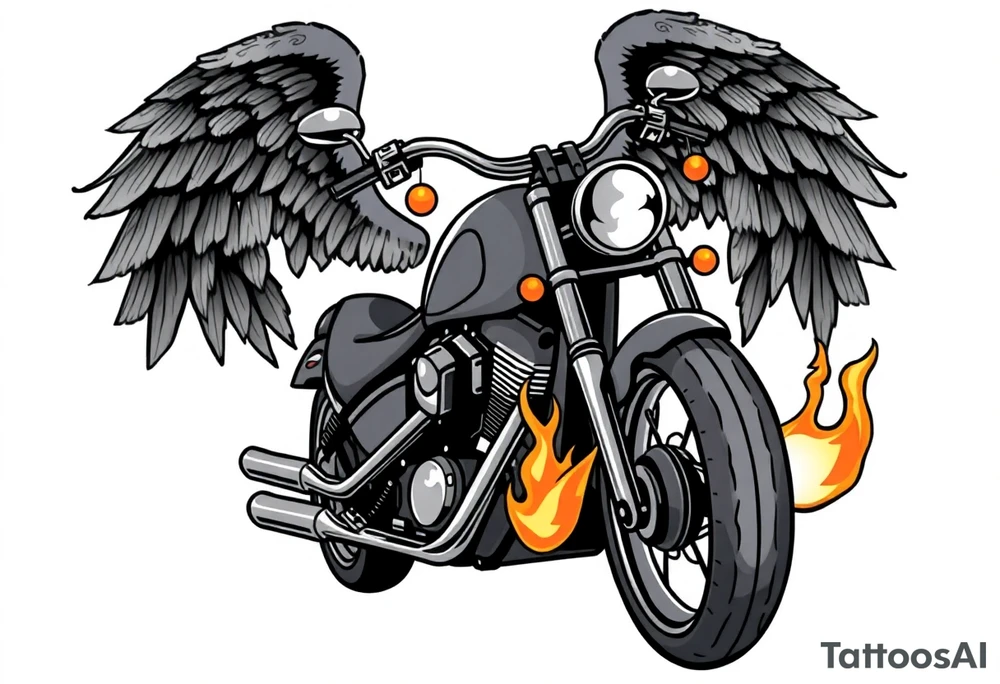 Low rider grey motorcycle, big muffler pipes with flames, angel wings, driving away, no person tattoo idea