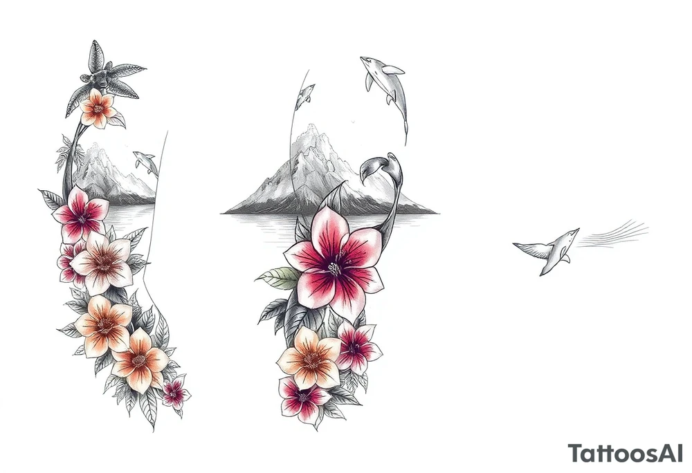 half sleeve, hawaiian theme, with water, mountains, tropical flowers, turtles, dolphins. tattoo idea