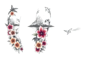 half sleeve, hawaiian theme, with water, mountains, tropical flowers, turtles, dolphins. tattoo idea