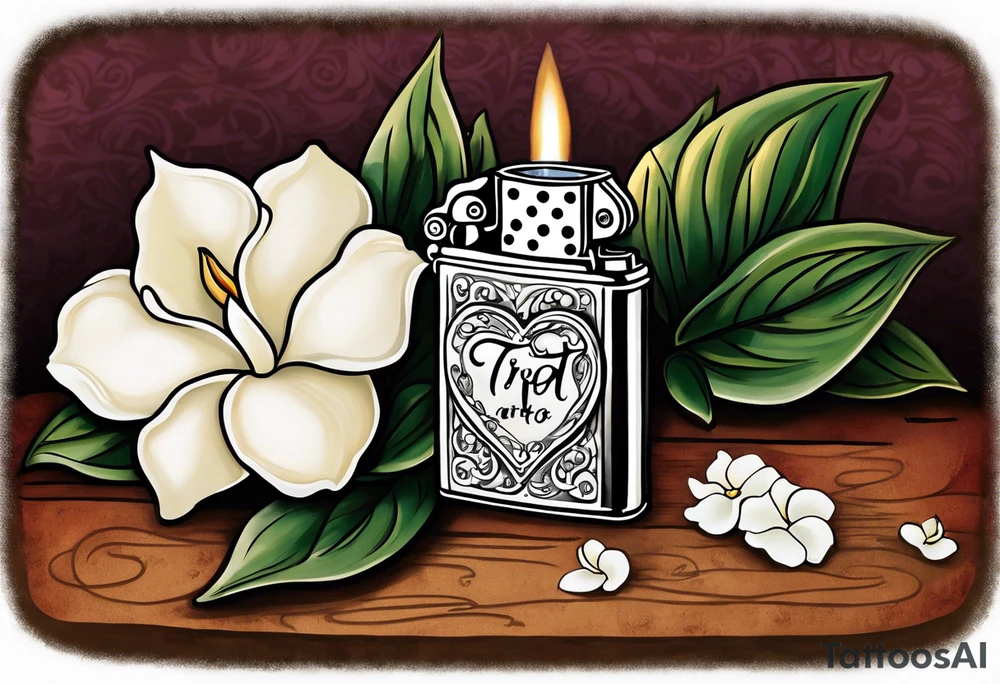 A tattoo of a vintage zippo lighter with a traditional heart engraved on the front.. inside the heart is quote "MAMA" a white gardenia is in front of the zippo and a string of pearls surrounds it.. the zippo is lit and the lid has quote "TRIED" ENGRAVED ON IT tattoo idea
